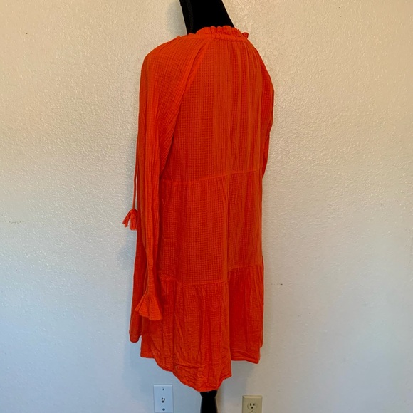 J. Crew Long Sleeve Textured Gauze Dress Ruffle Neck Tassels Red Orange Medium - Picture 6 of 15